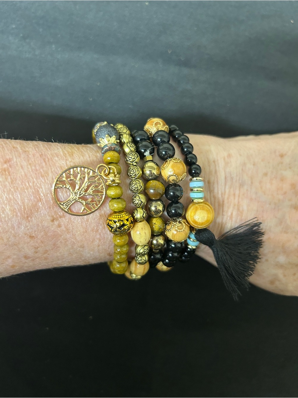 Gold and Black Beaded Stack Bracelet Set with Tree of Life Charm